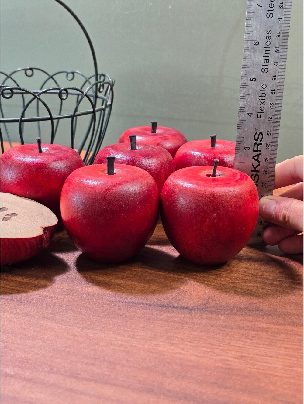 Vintage Faux Wooden Apples Set of 6 Wire Metal Gathering Egg Basket - Picture 4 of 5